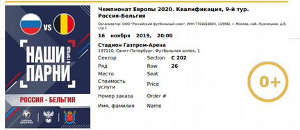 Билет на матч Россия-Бельгия