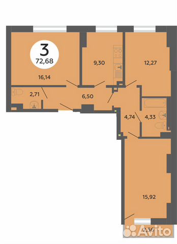3-к квартира, 72.7 м², 22/25 эт.