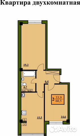 2-к квартира, 60 м², 4/5 эт.