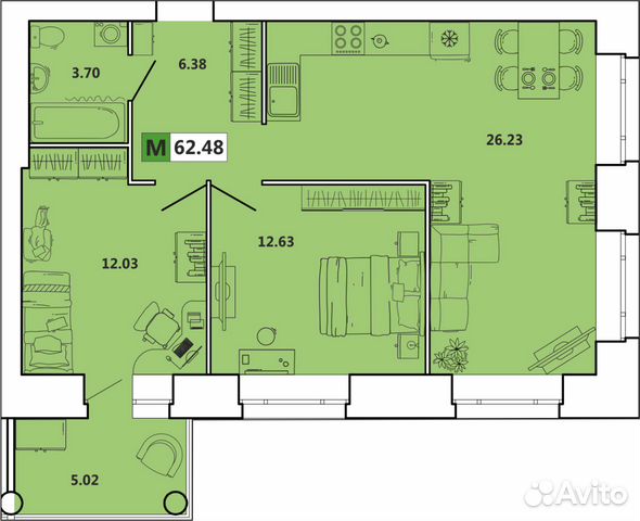 3-к квартира, 62 м², 5/10 эт.