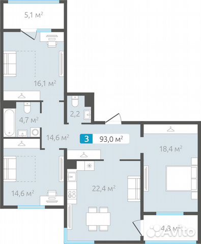 3-к квартира, 93 м², 3/4 эт. 3-к квартира, 93 м², 3/4 эт.