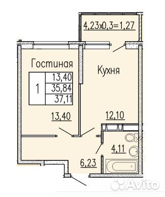 1-к квартира, 37.1 м², 13/18 эт. 1-к квартира, 37.1 м², 13/18 эт.