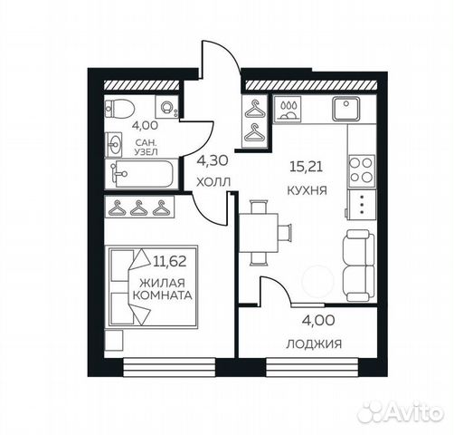 1-к квартира, 39 м², 4/16 эт.
