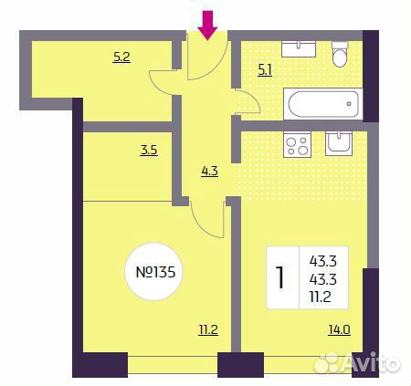 1-к квартира, 43.3 м², 16/22 эт.