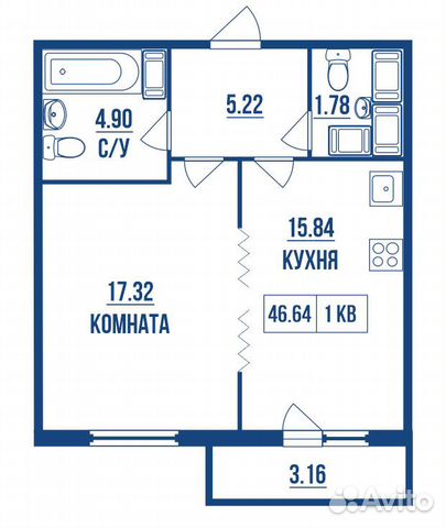 1-к квартира, 46.6 м², 4/24 эт.