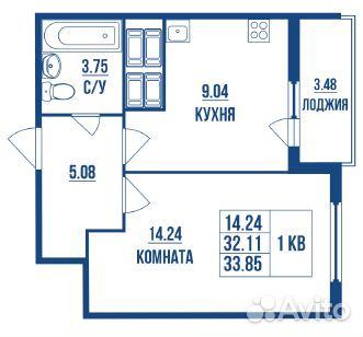 1-к квартира, 33.9 м², 21/25 эт.