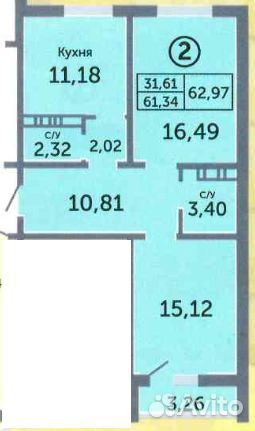 2-к квартира, 63 м², 8/17 эт.