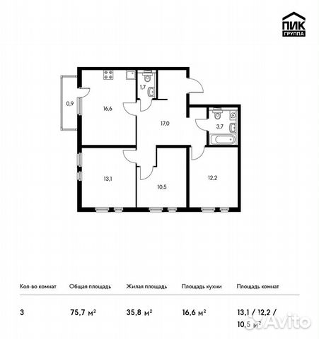 3-к квартира, 75.7 м², 13/20 эт. 3-к квартира, 75.7 м², 13/20 эт.