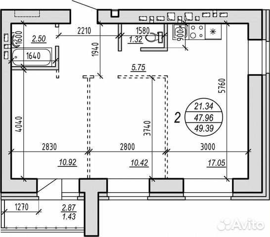 2-к квартира, 49.3 м², 6/10 эт.