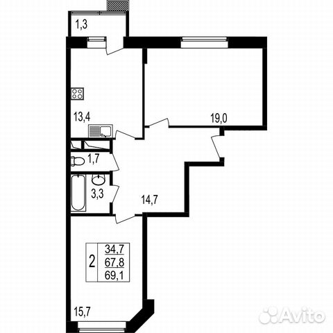 2-к квартира, 69.1 м², 4/7 эт. 2-к квартира, 69.1 м², 4/7 эт.