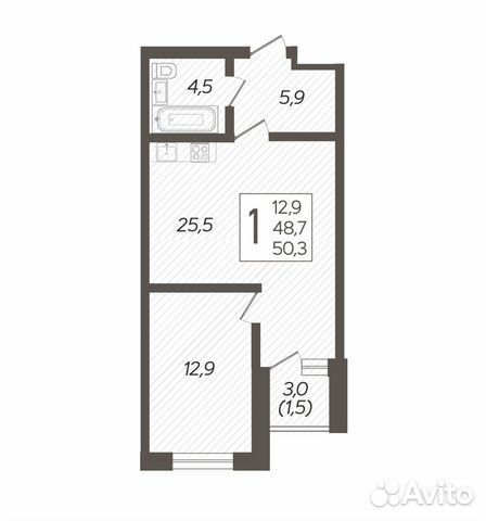 1-к квартира, 50.3 м², 1/8 эт.