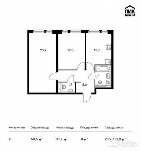 2-к квартира, 58.6 м², 31/33 эт. 2-к квартира, 58.6 м², 31/33 эт.