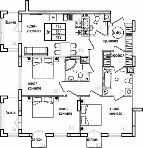 3-к. квартира, 91,7 м², 5/9 эт.