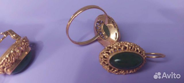 Золотое кольцо и серьги с Нефритом 583 пробы СССР