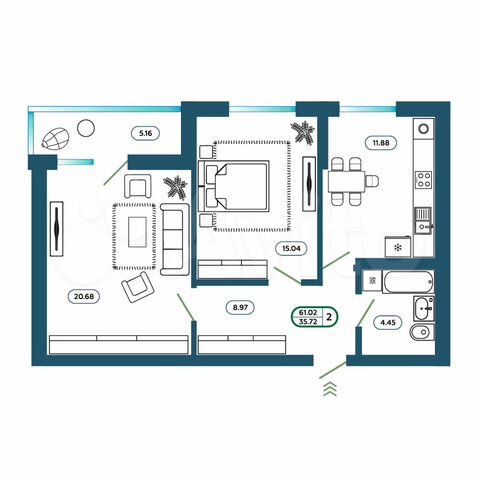 2-к. квартира, 66,4 м², 2/9 эт.