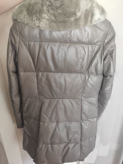 Серое кожаное пальто, утеплённое. Размер 44 - 46