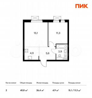 2-к квартира, 40.8 м², 7/33 эт.