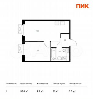 1-к квартира, 32.4 м², 2/9 эт.