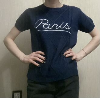 Кофта тёплая темно синяя с короткими рукавами в от