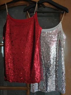 Топ с пайетками на лямках - цепочках красный сереб